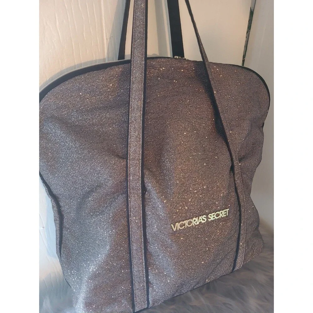 Victoria’s Secret Glitter Tote Bag Sparkly Gold Shimmer Shoulder Bag Large